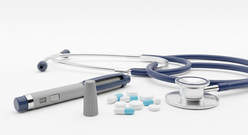 Флакон с инсулиновым шприц-ручкой на белом фоне, рядом таблетки и стетоскоп