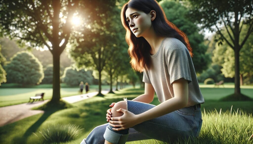 Артрит молодеет - молодая женщина держится за колено в парке, с выражением лёгкой боли
