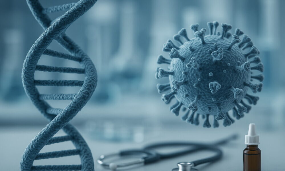 Визуализация молекулы ДНК и вируса гриппа, символизирующая связь генетики и вирусных инфекций