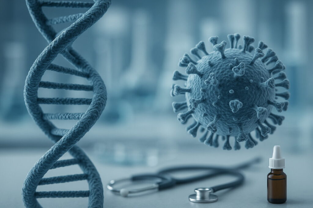 Визуализация молекулы ДНК и вируса гриппа, символизирующая связь генетики и вирусных инфекций