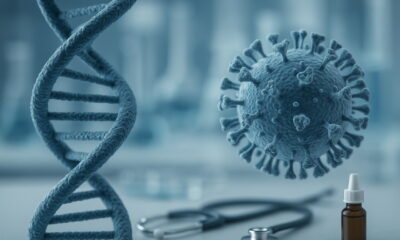 Визуализация молекулы ДНК и вируса гриппа, символизирующая связь генетики и вирусных инфекций