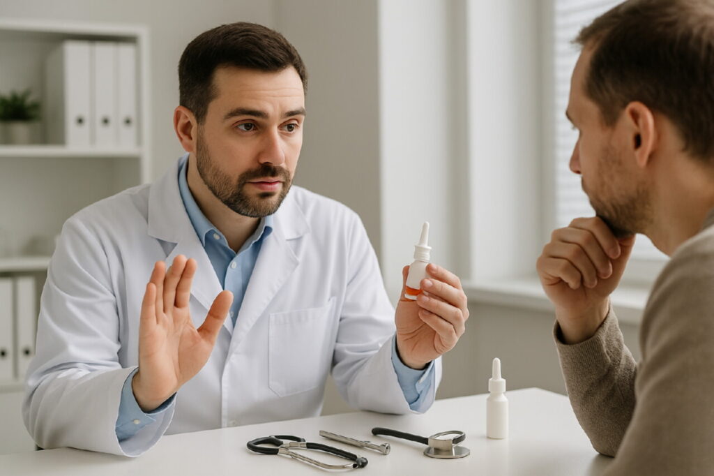 Врач-отоларинголог объясняет пациенту вред капель для носа