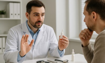 Врач-отоларинголог объясняет пациенту вред капель для носа