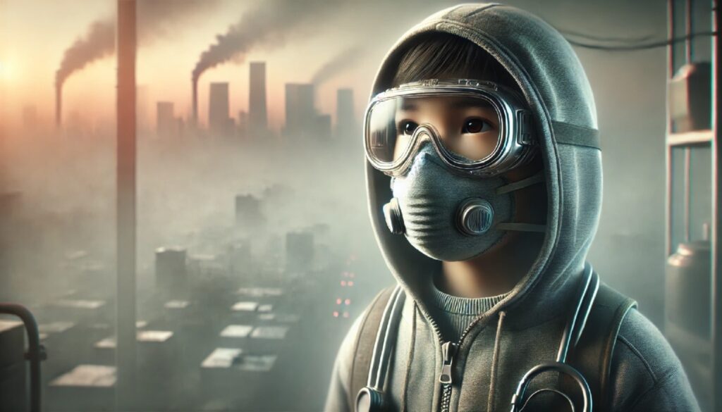 Город в смоге, ребенок в защитных очках и маске