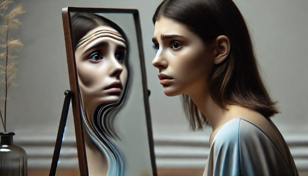 Девушка смотрит в зеркало с тревогой, отражение искажено