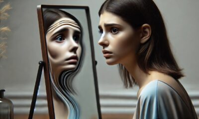 Девушка смотрит в зеркало с тревогой, отражение искажено