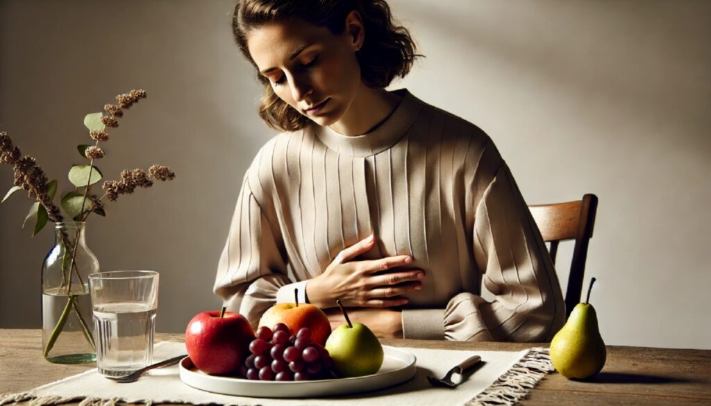 Женщина держится за живот после еды