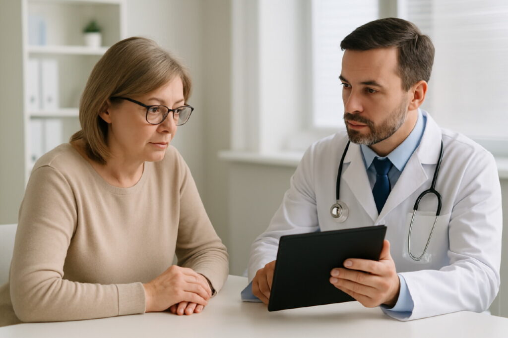 Женщина разговаривает с эндокринологом в кабинете, врач показывает результаты анализа гормонов