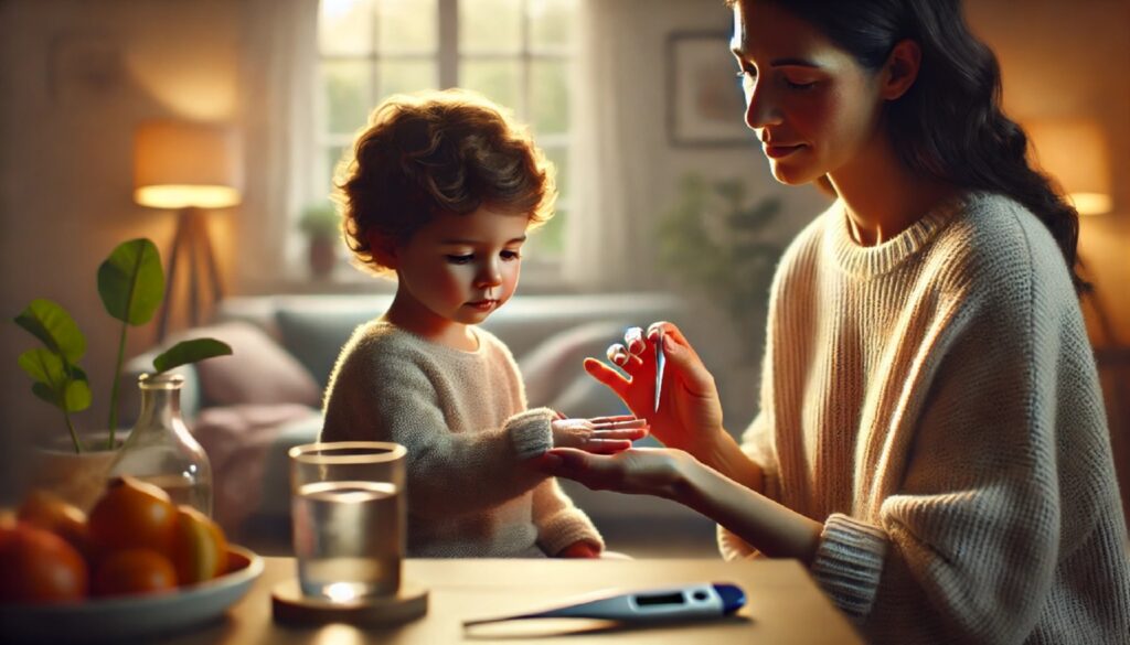 Мама осматривает ладони ребёнка с сыпью, рядом термометр и стакан воды - Вирус Коксаки