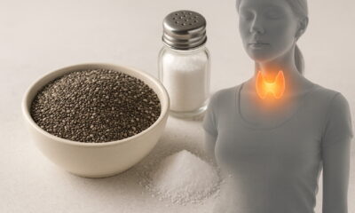 Миска с семенами чиа, рядом йодированная соль и женский силуэт с подсвеченной областью щитовидной железы