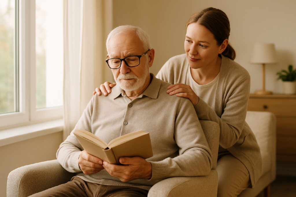 Пожилой человек в пансионате сидит у окна с книгой, рядом заботливая сиделка
