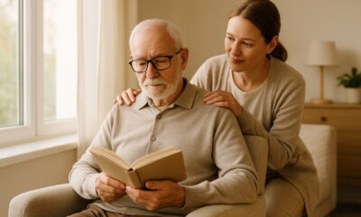 Пожилой человек в пансионате сидит у окна с книгой, рядом заботливая сиделка