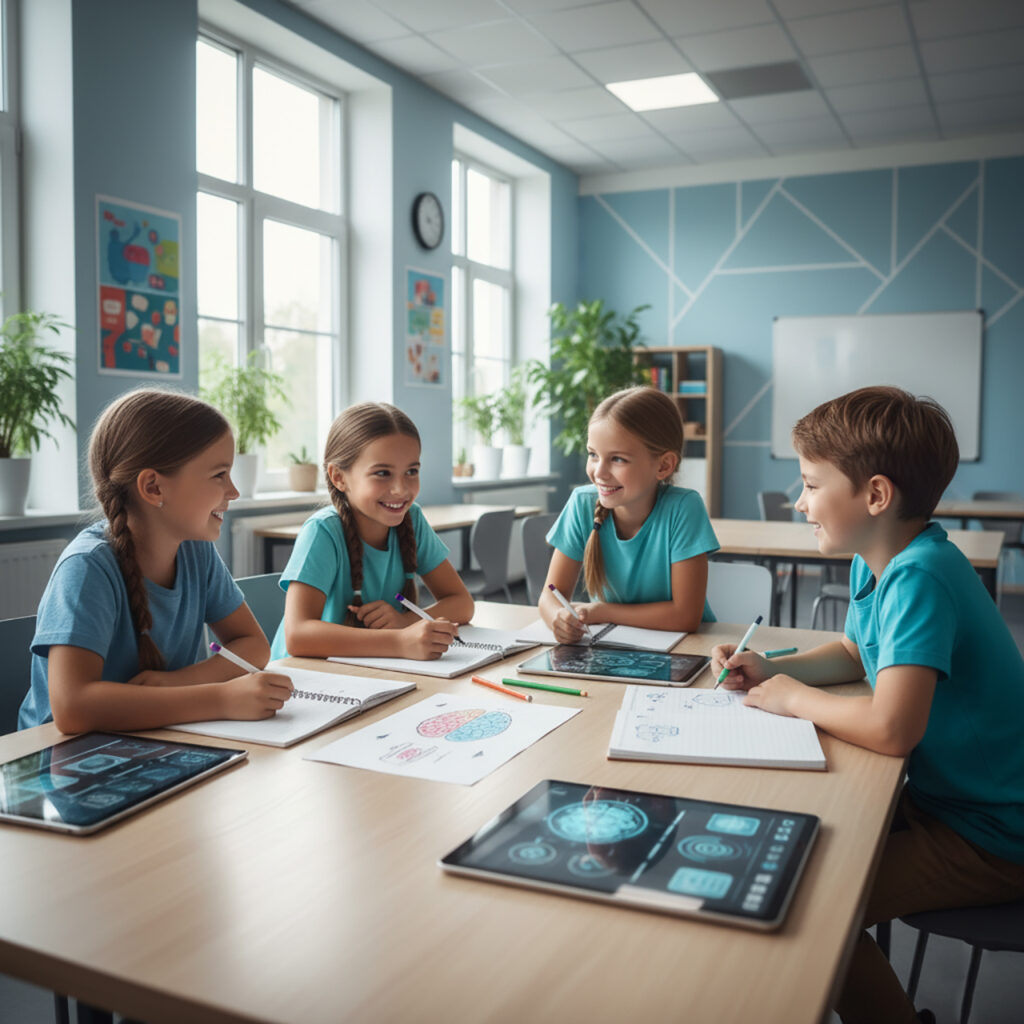 Самоуправление в школе Современная школа, дети обсуждают проект за большим столом, работают вместе с планшетами и бумагой