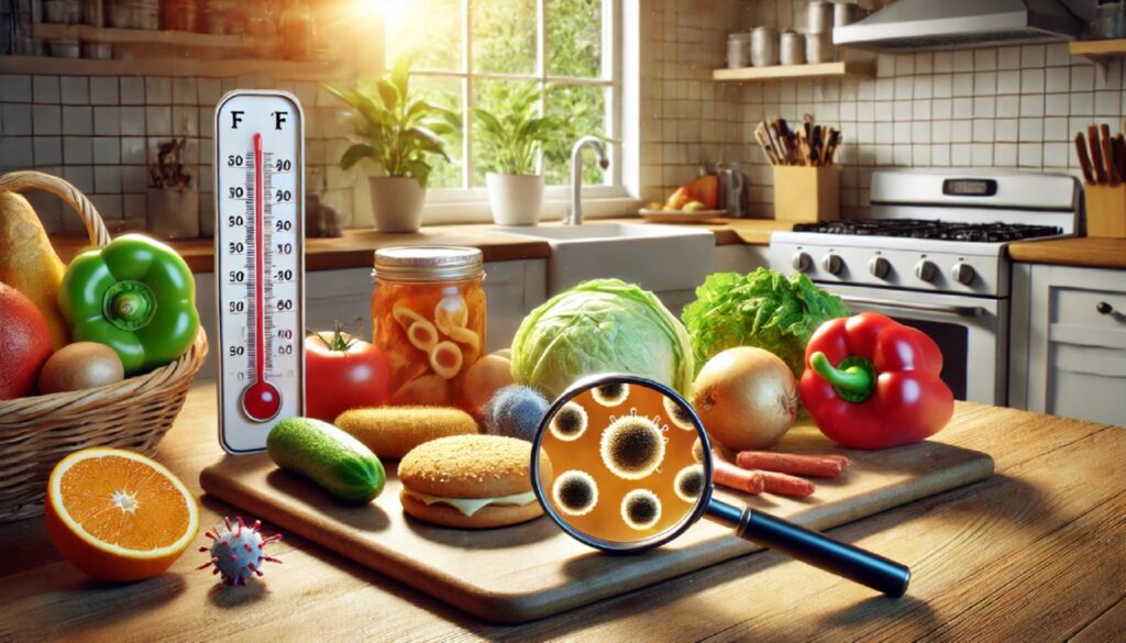 Свежие продукты на кухонном столе под лупой, видны опасные бактерии и токсины Пищевые отравления