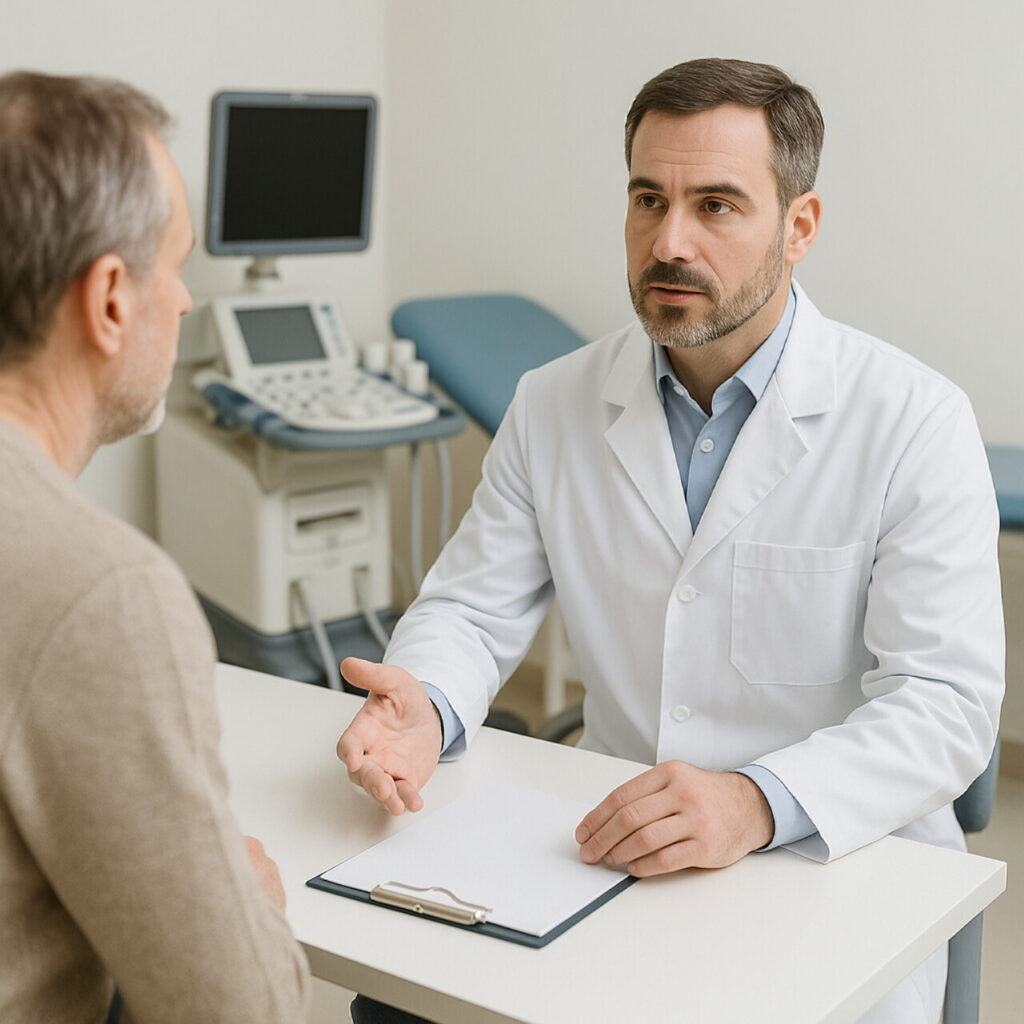 Современный кабинет уролога, врач в белом халате консультирует пациента