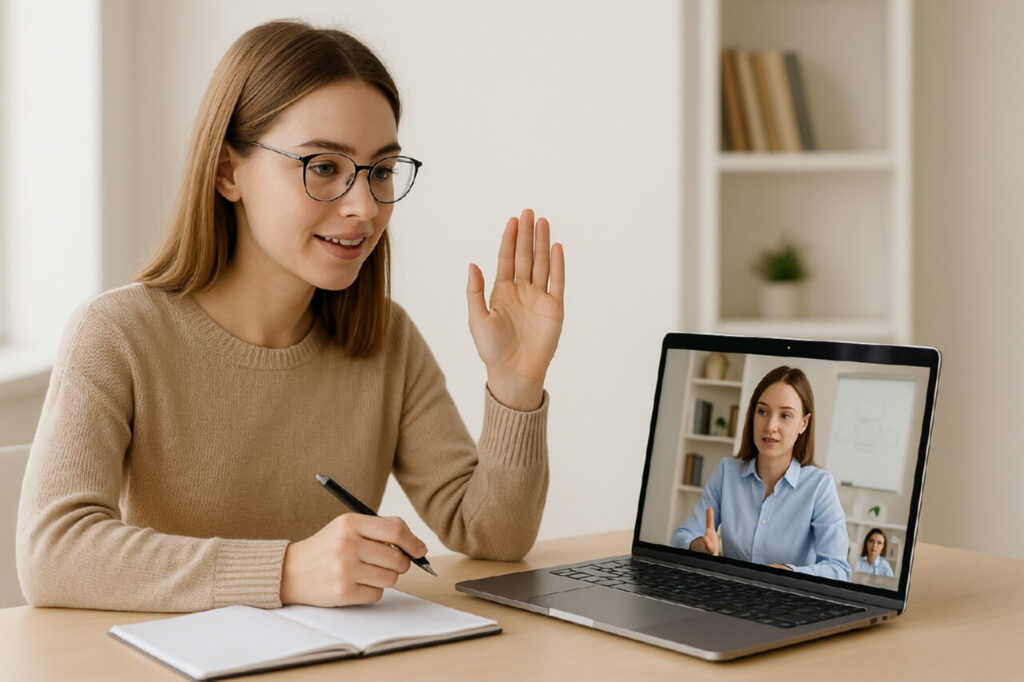 Студент-педагог-психолог работает за ноутбуком, дистанционно обучается