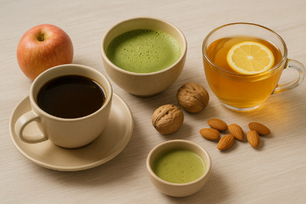 Чашка цикория, миска матчи и имбирный чай с лимоном на светлом деревянном столе, рядом орехи и яблоко как полезные перекусы