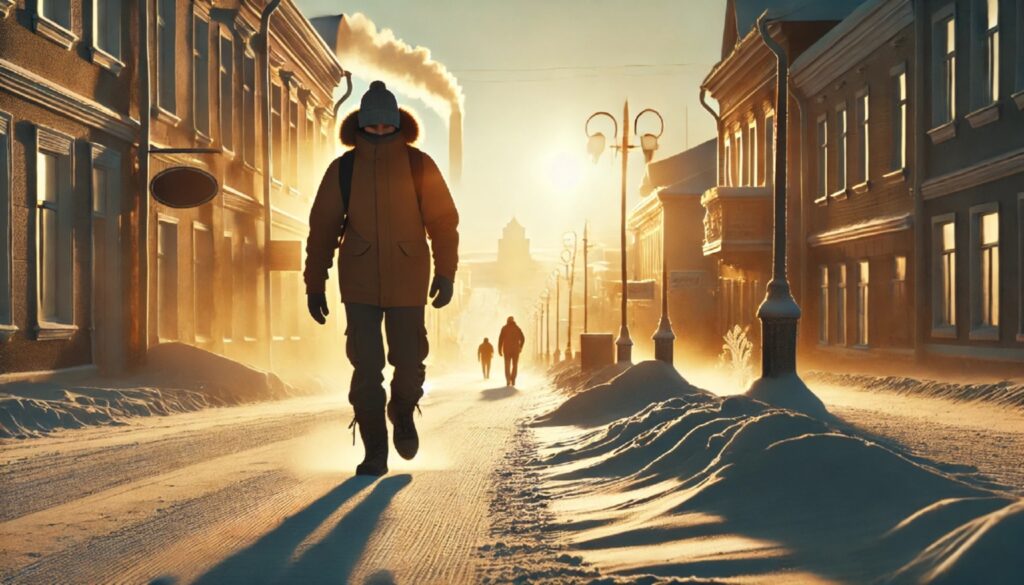 Человек в зимней одежде идёт по заснеженному северному городу