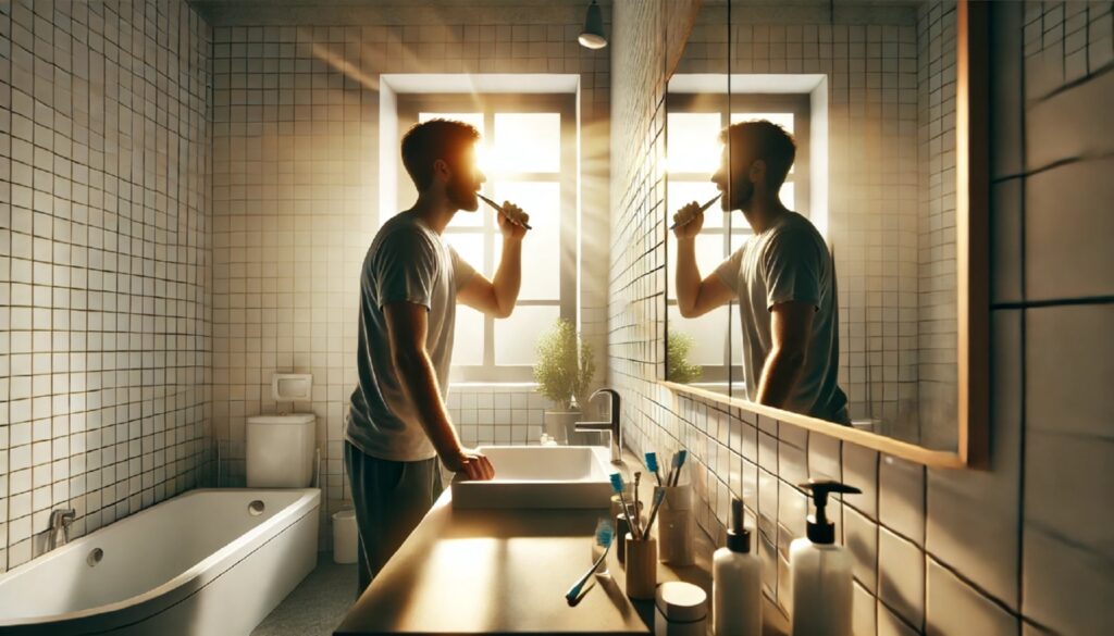 Человек утром стоит у зеркала и чистит зубы