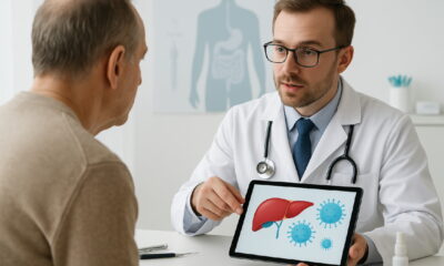 Врач-инфекционист показывает пациенту схематическую иллюстрацию печени и вирусов на экране