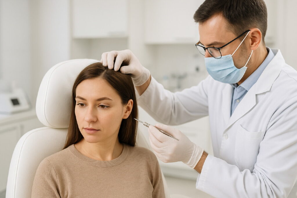 Женщина сидит в кресле в трансплантационной клинике, врач-специалист проводит ручную пересадку волос FUE Hand