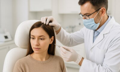 Женщина сидит в кресле в трансплантационной клинике, врач-специалист проводит ручную пересадку волос FUE Hand