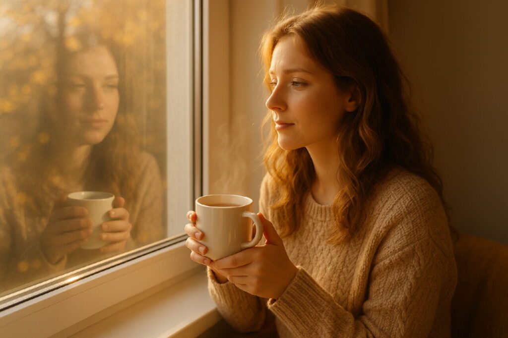Женщина у окна осенним утром с чашкой горячего напитка