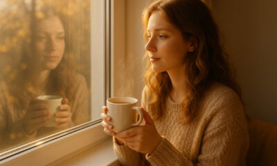 Женщина у окна осенним утром с чашкой горячего напитка