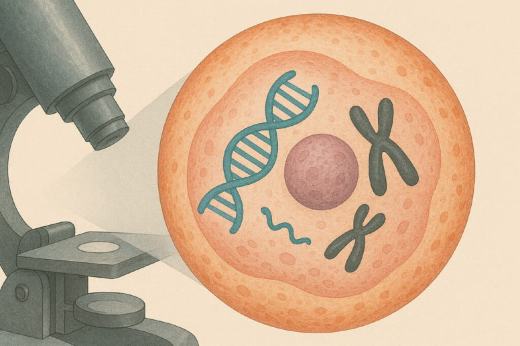 Клетка человека под микроскопом с укороченными теломерами, визуализация ДНК