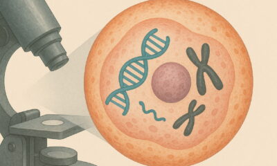 Клетка человека под микроскопом с укороченными теломерами, визуализация ДНК