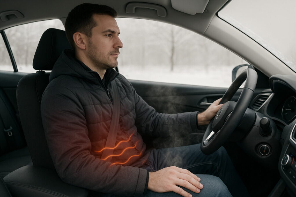 Мужчина сидит за рулем автомобиля зимой, включен подогрев сиденья