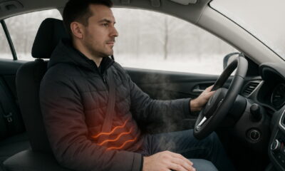 Мужчина сидит за рулем автомобиля зимой, включен подогрев сиденья