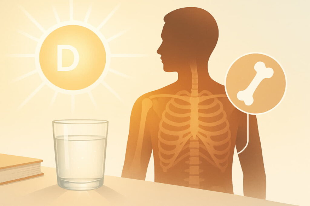 Силуэт человека на фоне солнца, инфографика о витамине D и костной системе