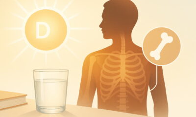 Силуэт человека на фоне солнца, инфографика о витамине D и костной системе