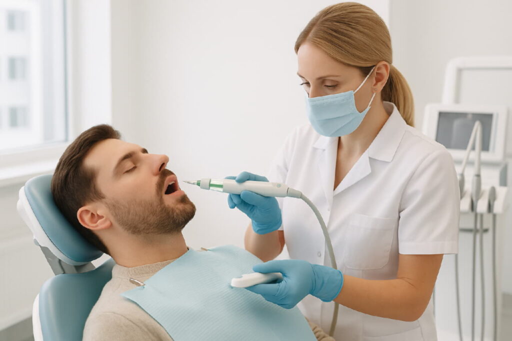 Современная стоматологическая клиника, пациент сидит в удобном кресле, врач использует современную анестезию