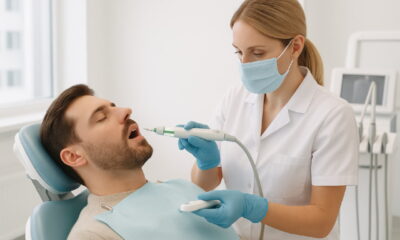 Современная стоматологическая клиника, пациент сидит в удобном кресле, врач использует современную анестезию