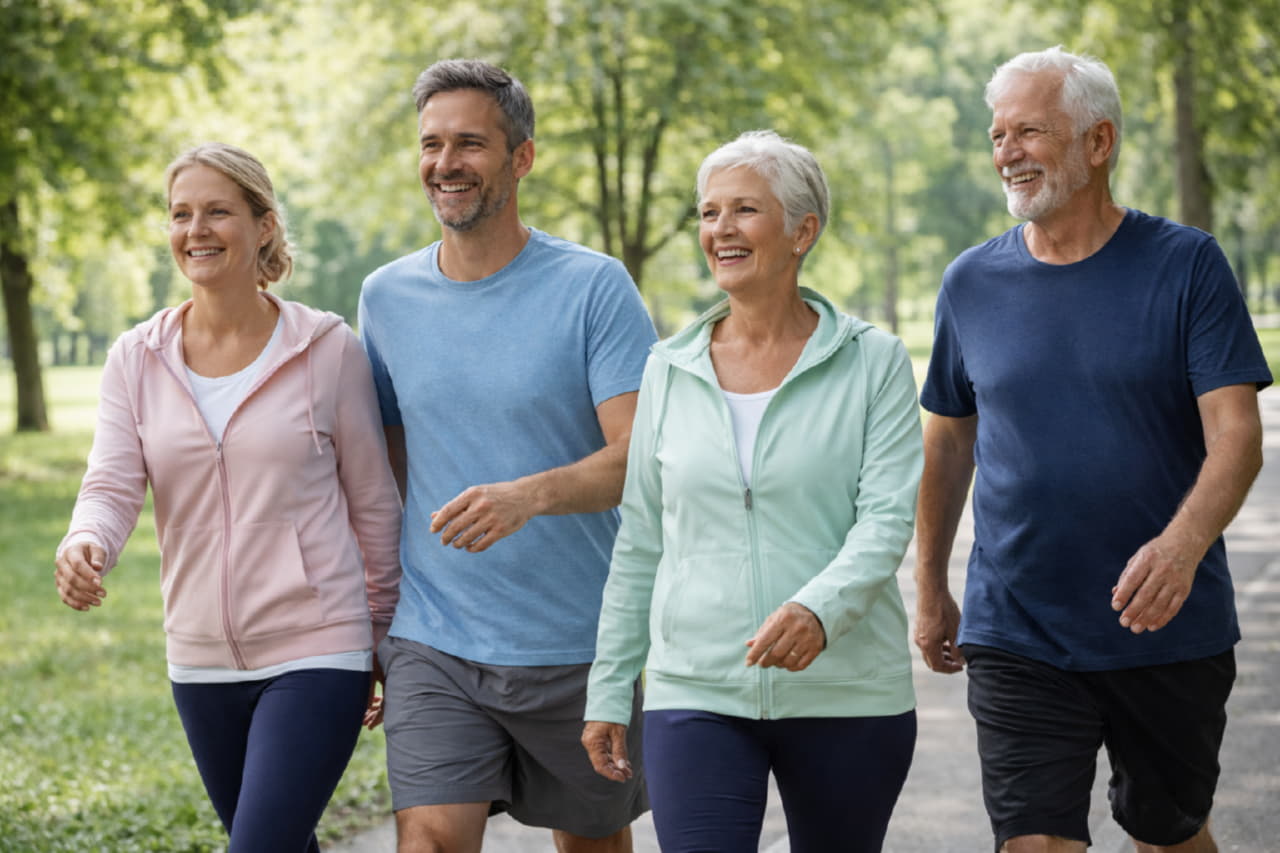 Активные взрослые люди среднего и старшего возраста на прогулке в парке, лёгкое движение, улыбки, ощущение удовольствия от активности