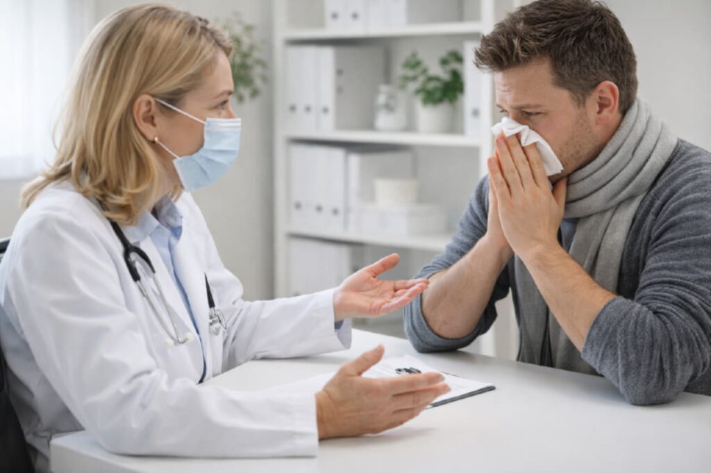 Врач-инфекционист консультирует пациента с симптомами гриппа
