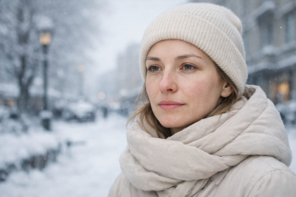 Женщина с сухой кожей лица зимой на улице