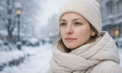 Женщина с сухой кожей лица зимой на улице