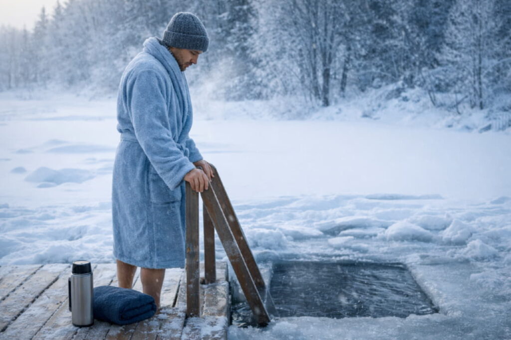 Зимняя сцена у проруби - человек в шапке и халате готовится к купанию