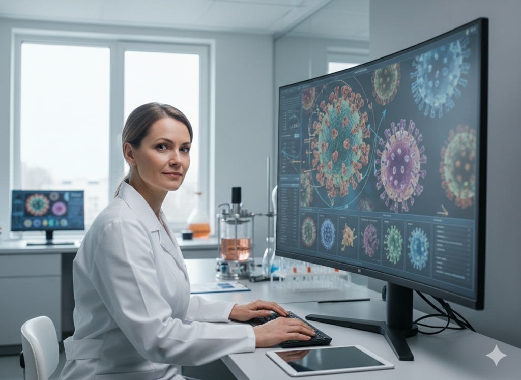 Медицинский эксперт анализирует новости на экране про пандемии