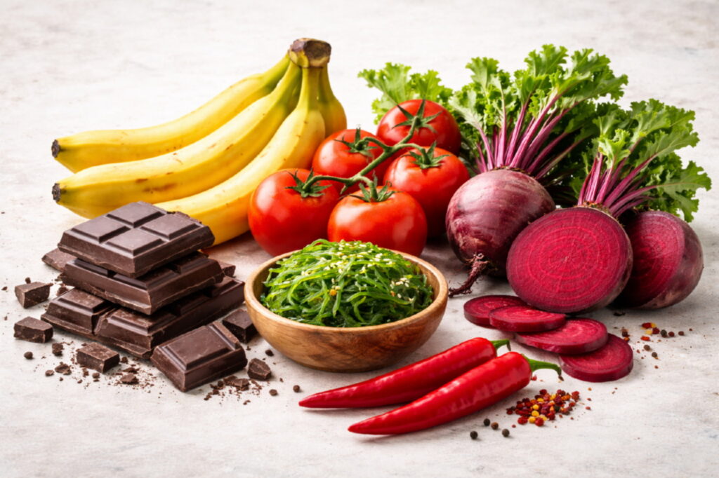Набор продуктов для улучшения настроения — шоколад, бананы, томаты, свекНабор продуктов для улучшения настроения — шоколад, бананы, томаты, свекла, морская капуста и перец чилила, морская капуста и перец чили