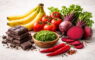 Набор продуктов для улучшения настроения — шоколад, бананы, томаты, свекНабор продуктов для улучшения настроения — шоколад, бананы, томаты, свекла, морская капуста и перец чилила, морская капуста и перец чили