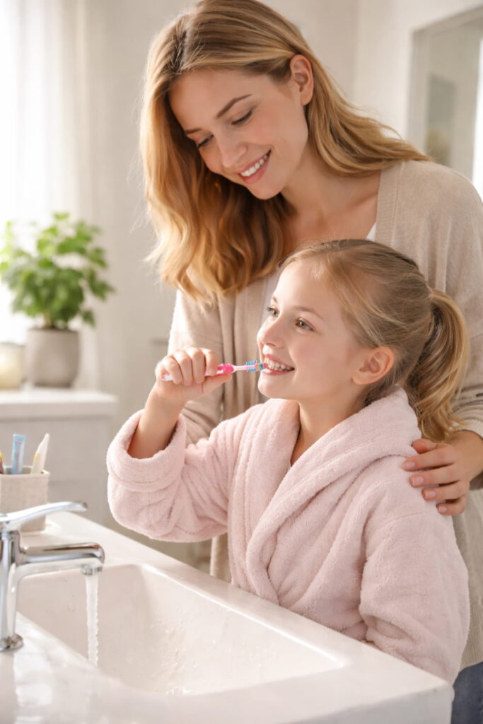 Ребенок чистит зубы в ванной комнате под присмотром взрослого