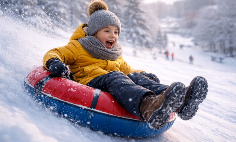 Ребёнок катается на ватрушке с зимней горки