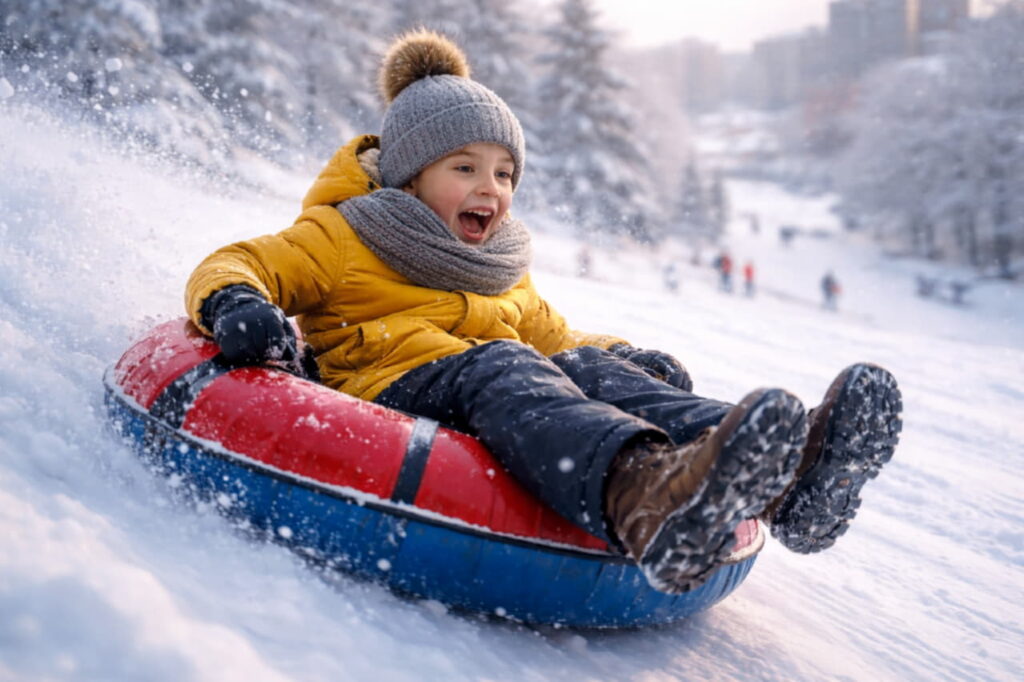 Ребёнок катается на ватрушке с зимней горки
