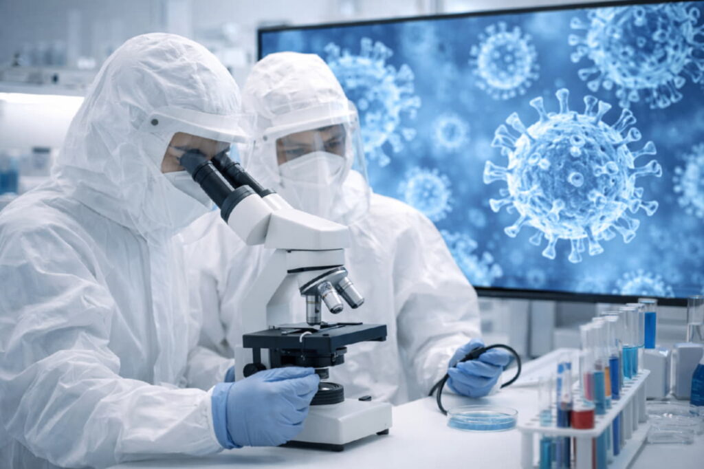 Современная медицинская лаборатория, вирусные частицы в микроскопическом представлении, учёные в защитных костюмах