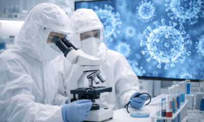 Современная медицинская лаборатория, вирусные частицы в микроскопическом представлении, учёные в защитных костюмах