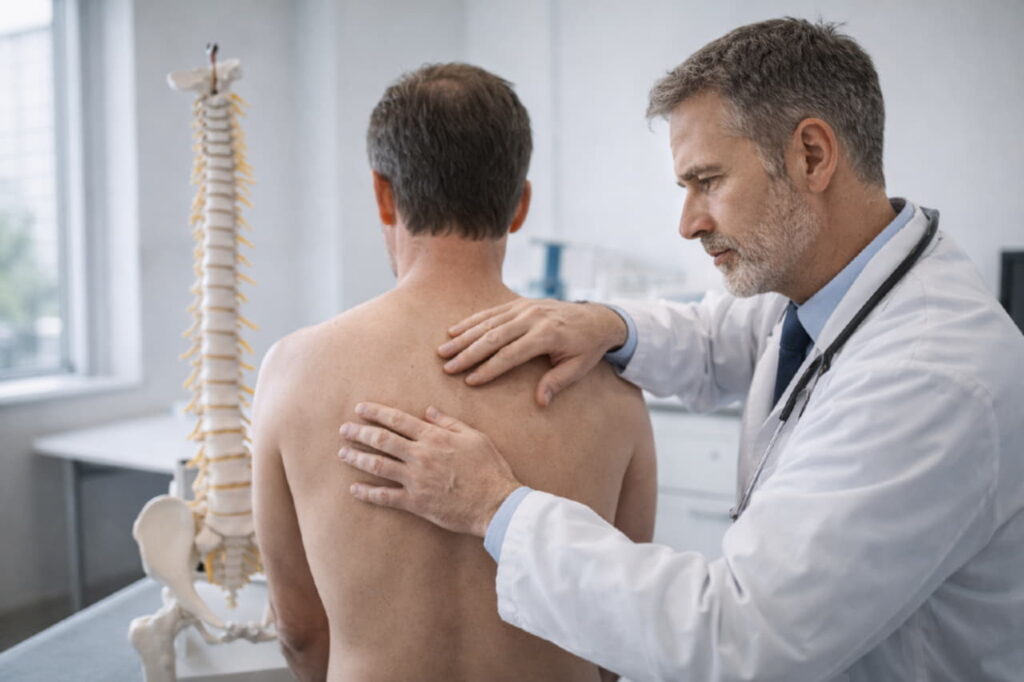 Специалист осматривает позвоночник пациента